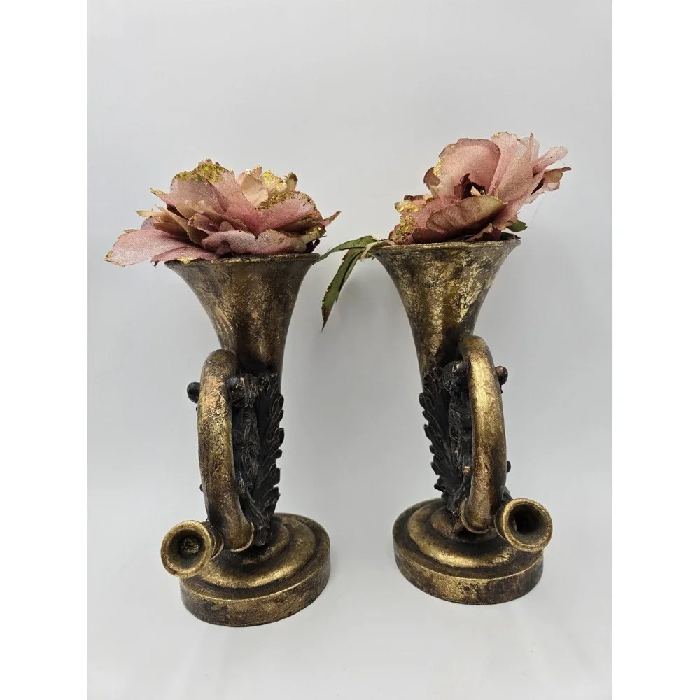 Gold Color French‎ Horn Faux Flower Vases Table Decor Set Of 2
